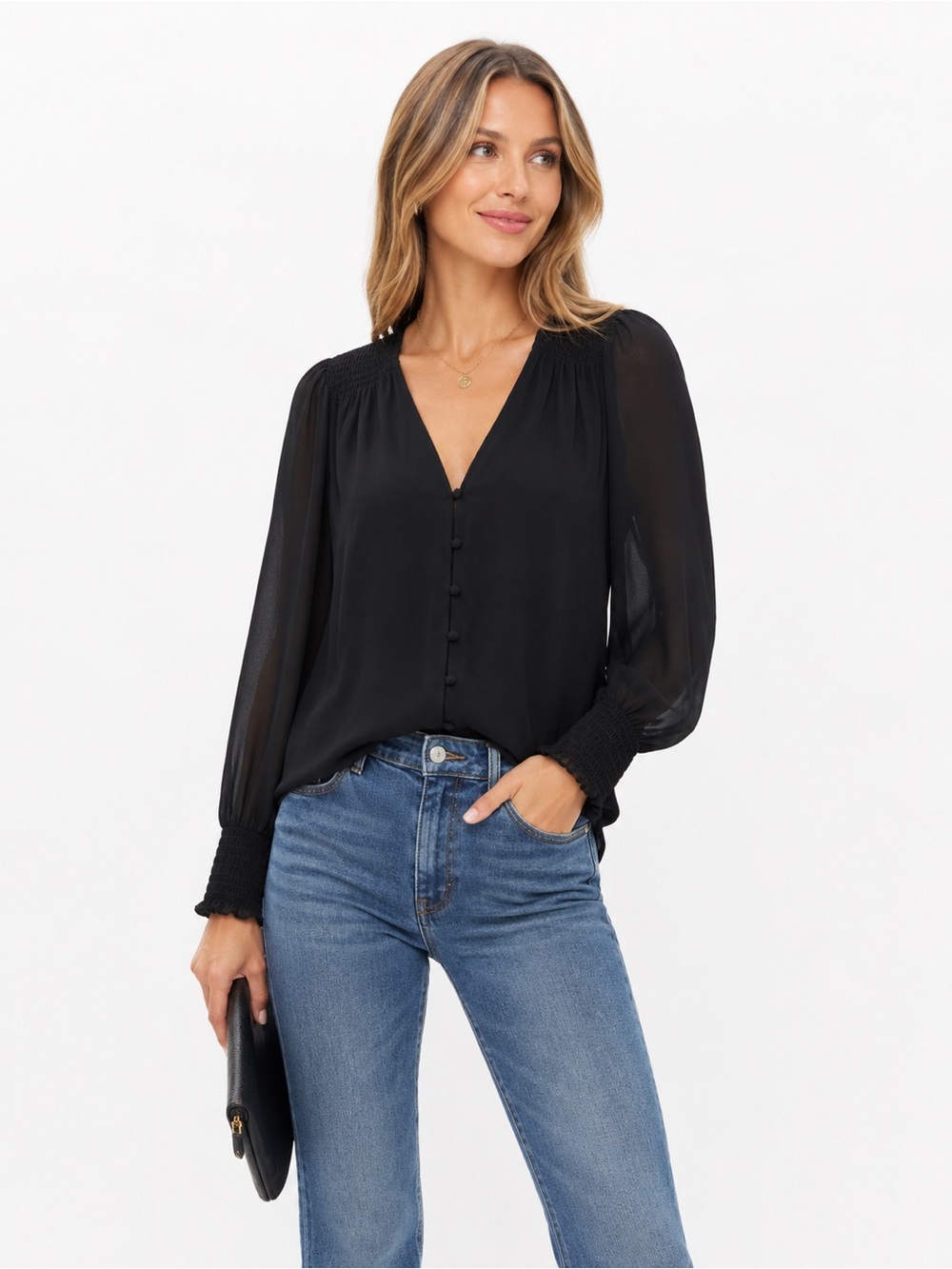Sam & Jess Black Sheer Blouse Medium NWT Button Front Long Sleeve Flowing Top
